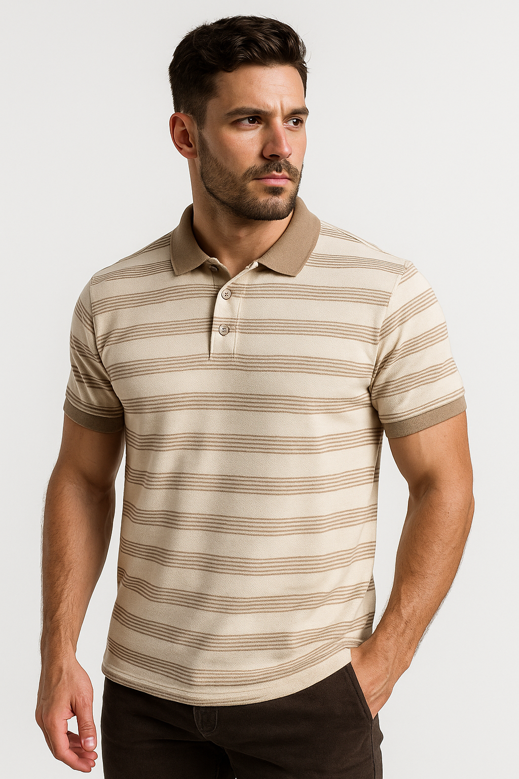 "Men’s Beige Striped Matty Cotton Polo T-Shirt – Slim Fit, Stylish & Breathable"
