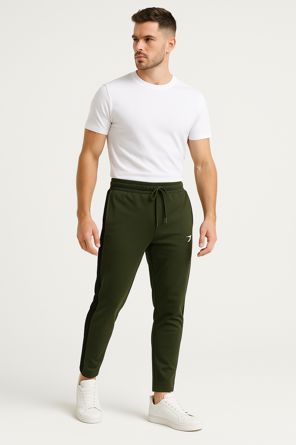 Men's NS Lycra Track Pants – Slim Fit Olive Green with Black Side Stripes