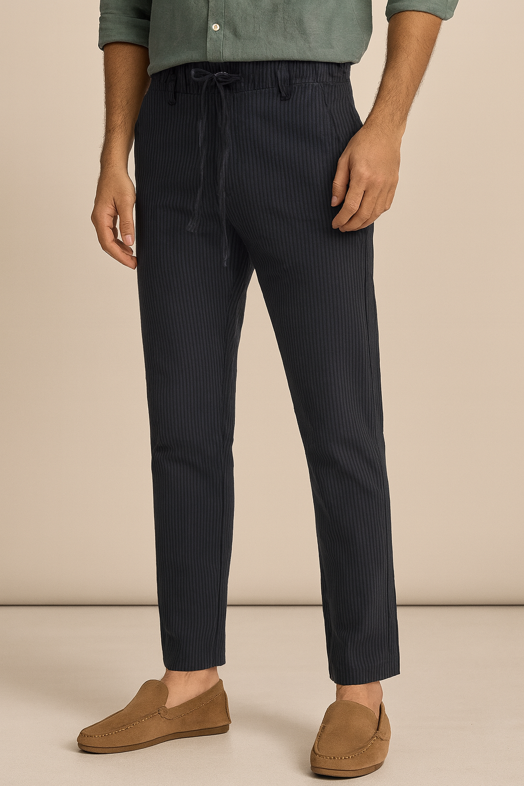 Men’s Striped Linen Drawstring Pants – Black