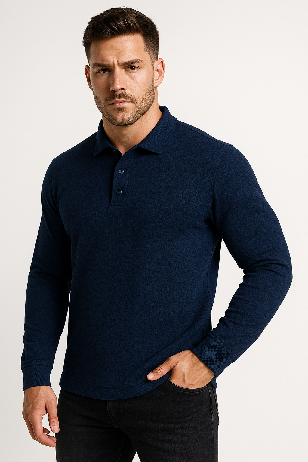 Men's Textured Polo Collar Long Sleeve T-shirt - Navy Blue