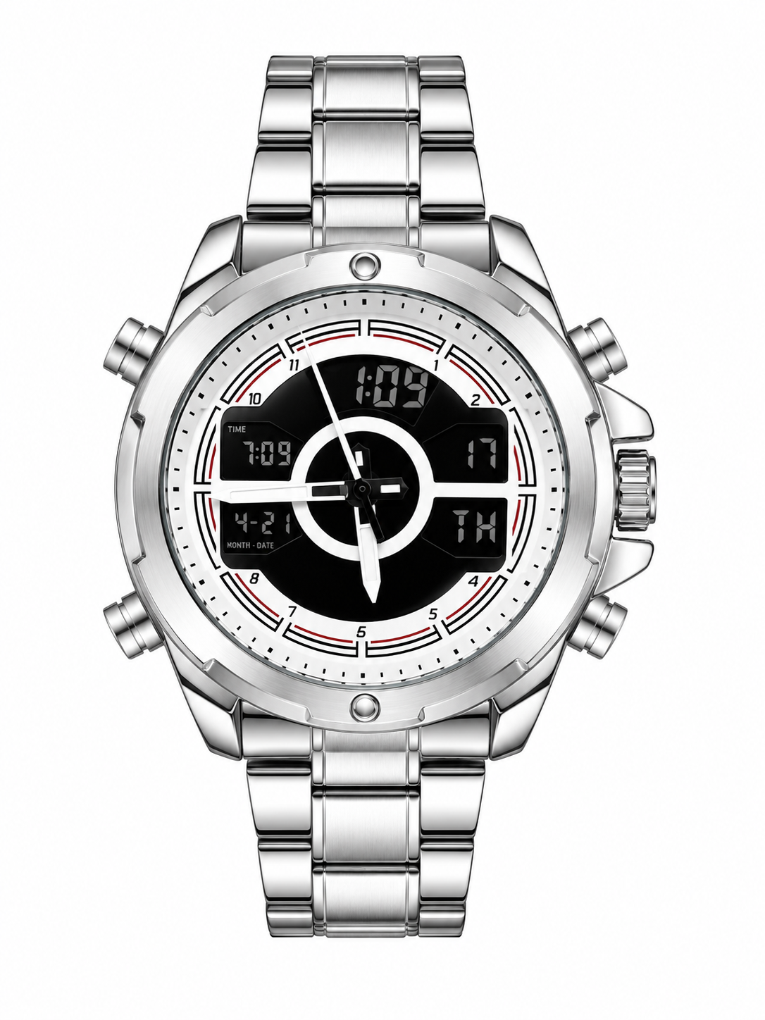 Silver & White Dual Display Men's Watch | Sports Watch