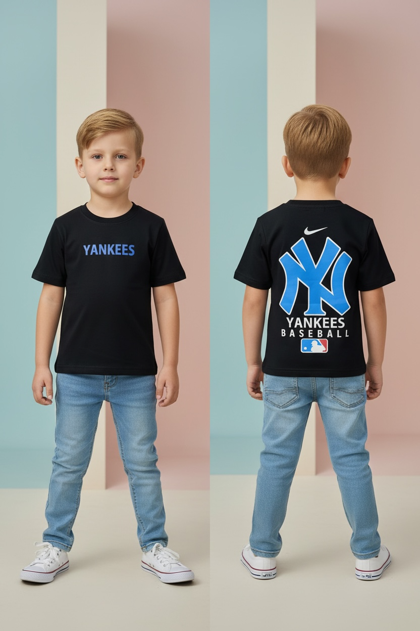 Kids Down Shoulder T-Shirt – Premium Black Yankees Print Cotton Tee for Boys