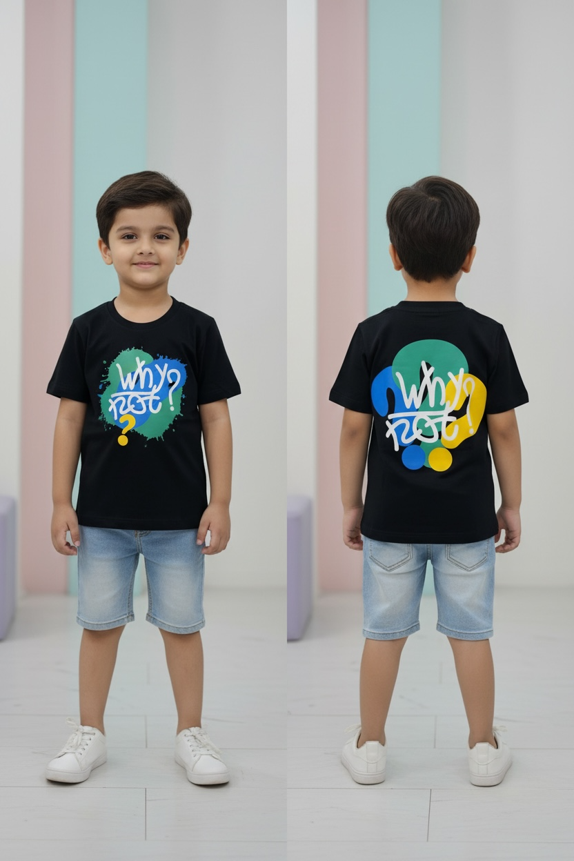Kids Down Shoulder T-Shirt – Black “Why Not?” Graphic Print Cotton Tee for Boys