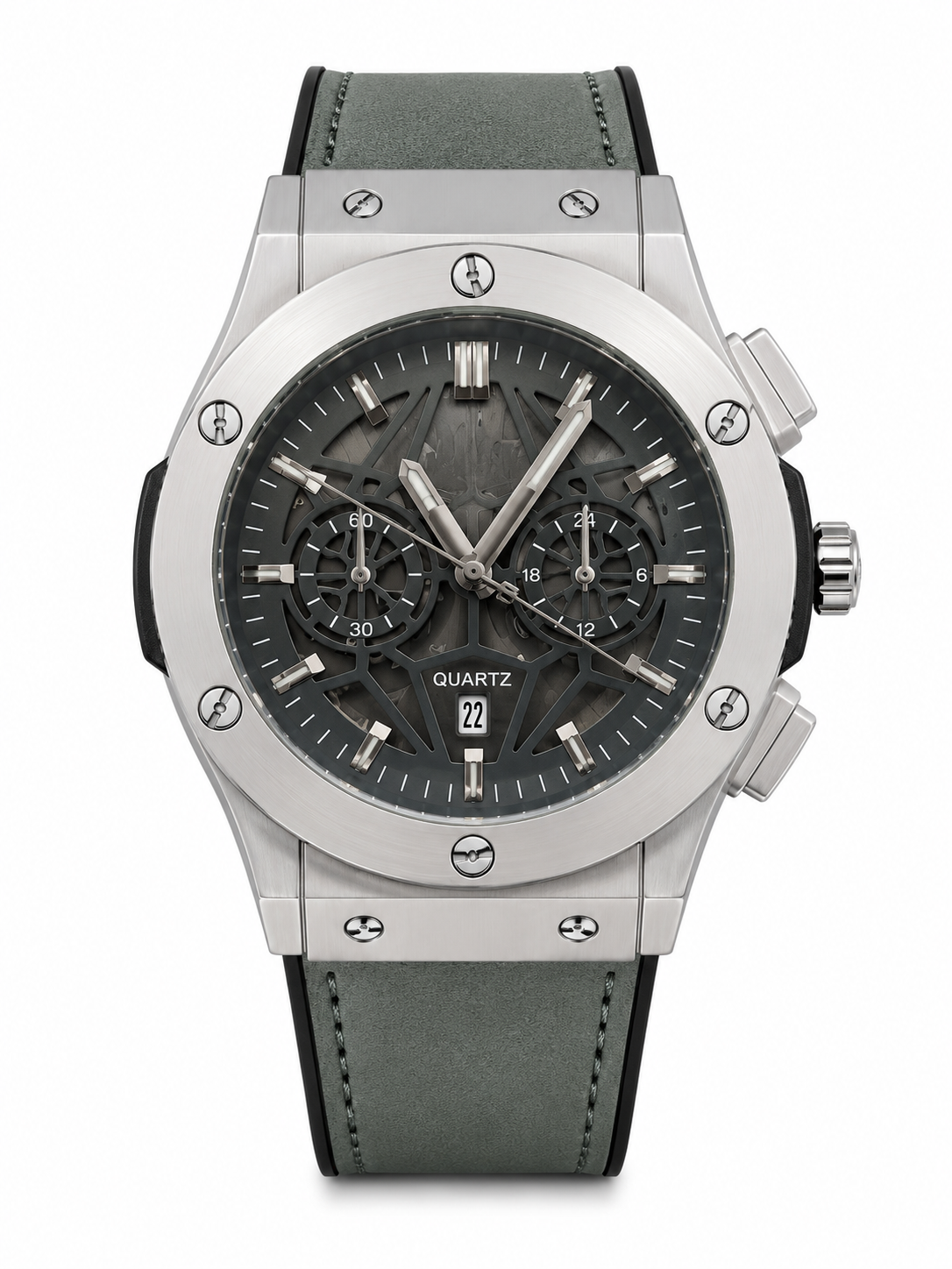 Luxury Skeleton Quartz Watch for Men | Green Leather Strap