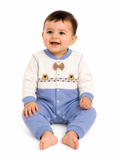 Blue & White Cotton Baby Romper | Full Sleeve Baby Onesie with Bear Print & Bow Tie