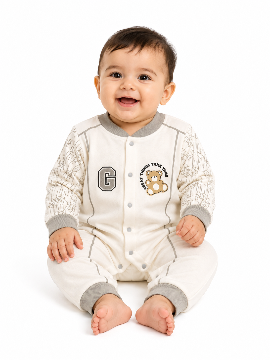 Grey Cotton Baby Romper with Teddy Bear Print | Full Sleeve Soft Baby Onesie