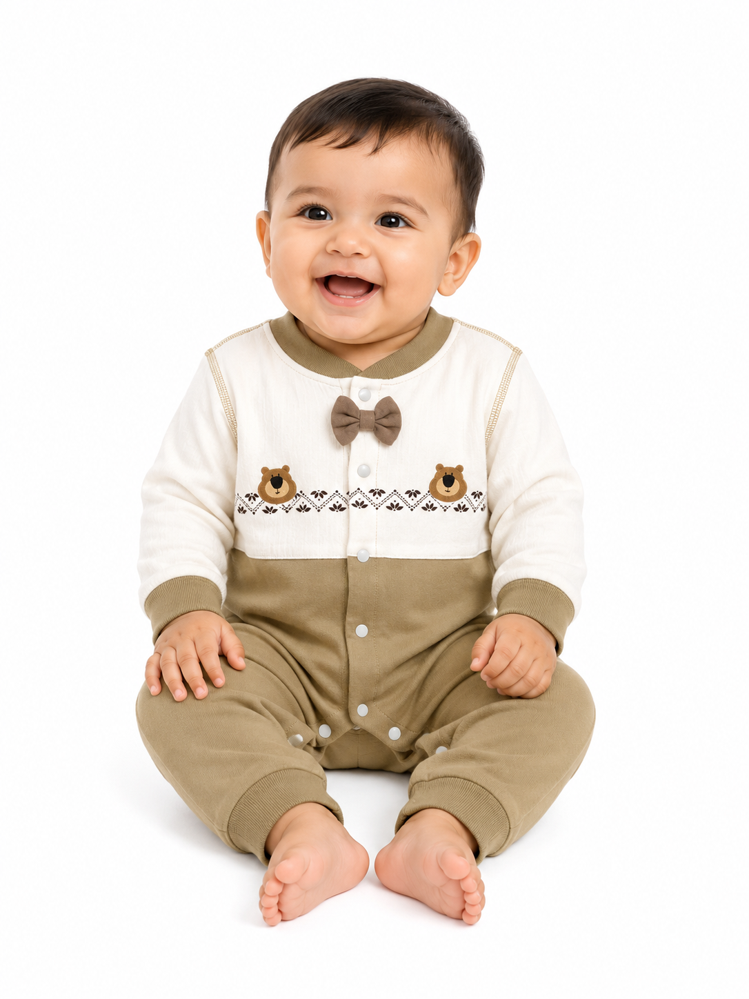 Olive Green & Cream Cotton Baby Romper | Full Sleeve Baby Onesie with Bear Print & Bow Tie