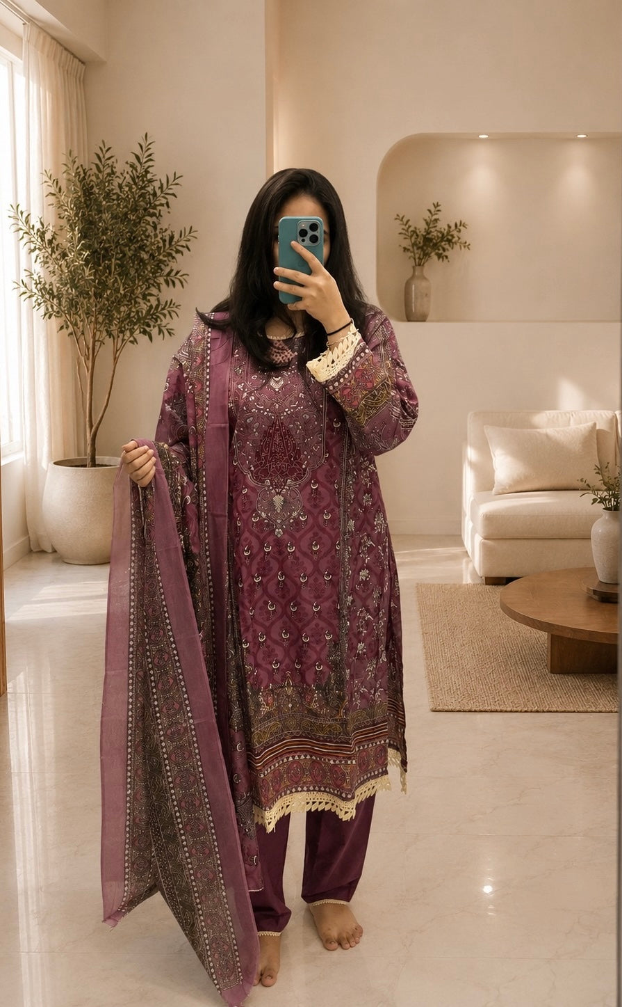 Purple Printed Lawn Suit with Dupatta | Elegant Pakistani 3 Piece Dress