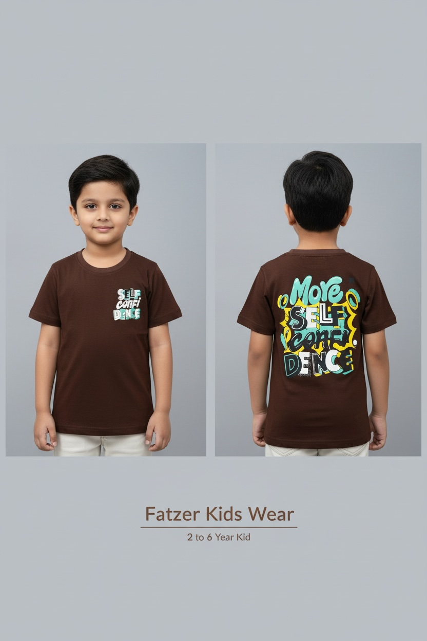 Kids Brown Graphic T-Shirt – “More Self Confidence” Cotton Tee for Boys
