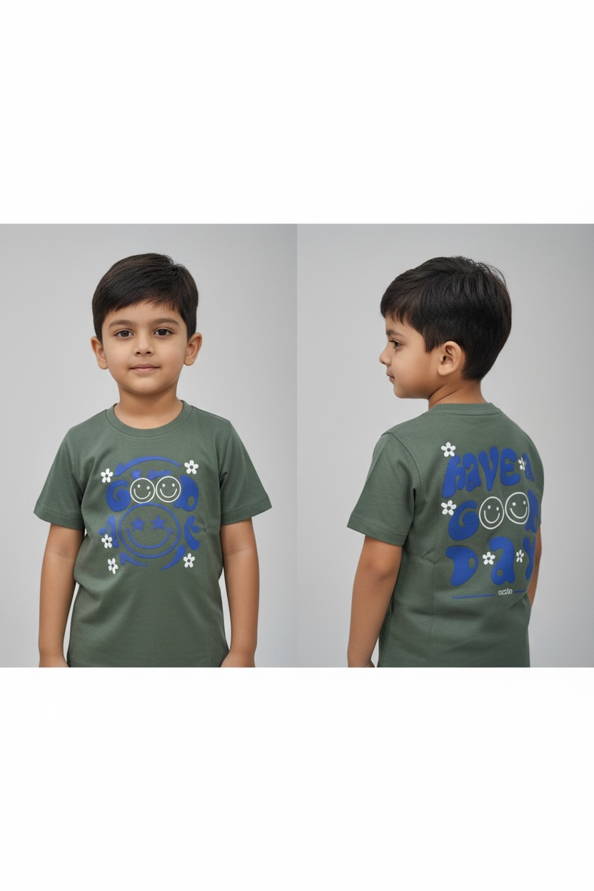 Kids Olive Green Down Shoulder T-Shirt – “Have a Good Day” Graphic Cotton Tee for Boys