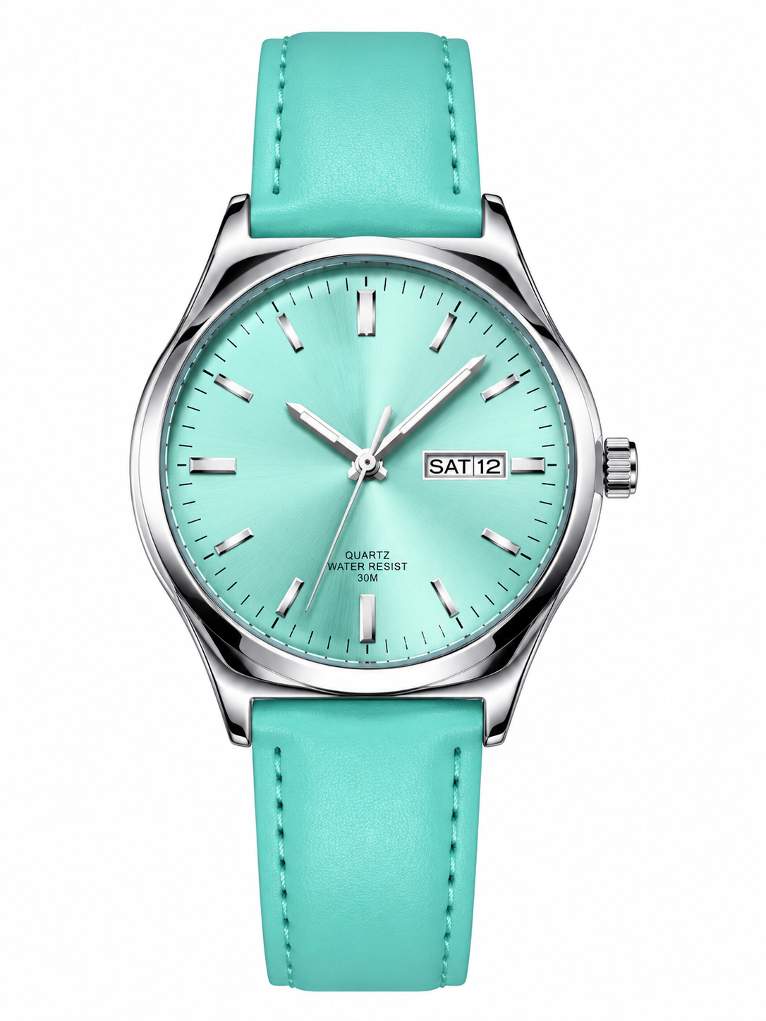 Men's Mint Green Dial Quartz Watch | Silver Case & Leather Strap