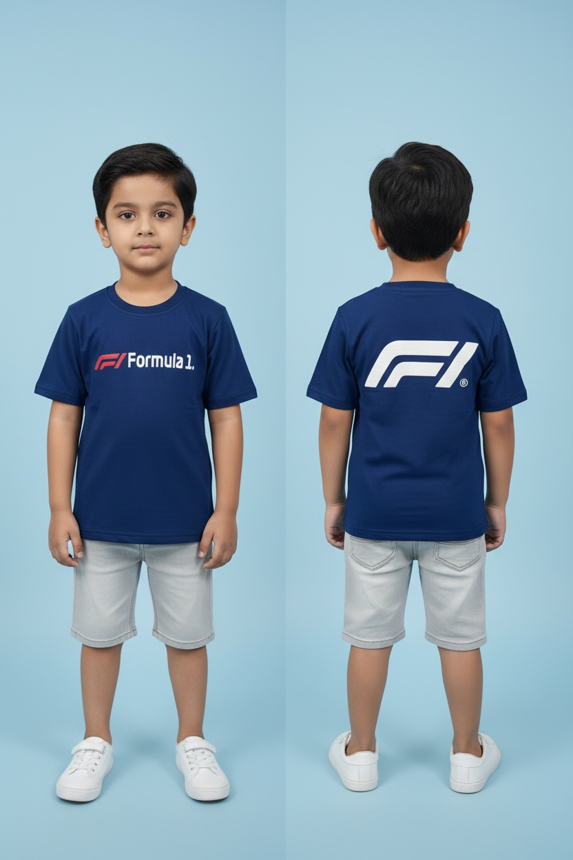 Kids Down Shoulder T-Shirt – Premium Blue Racing Print Cotton Tee for Boys