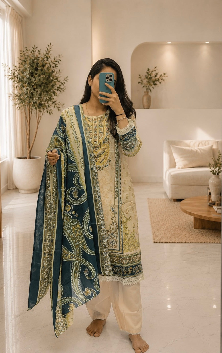Cream & Teal Printed Lawn Suit with Dupatta | Pakistani 3 Piece Dress