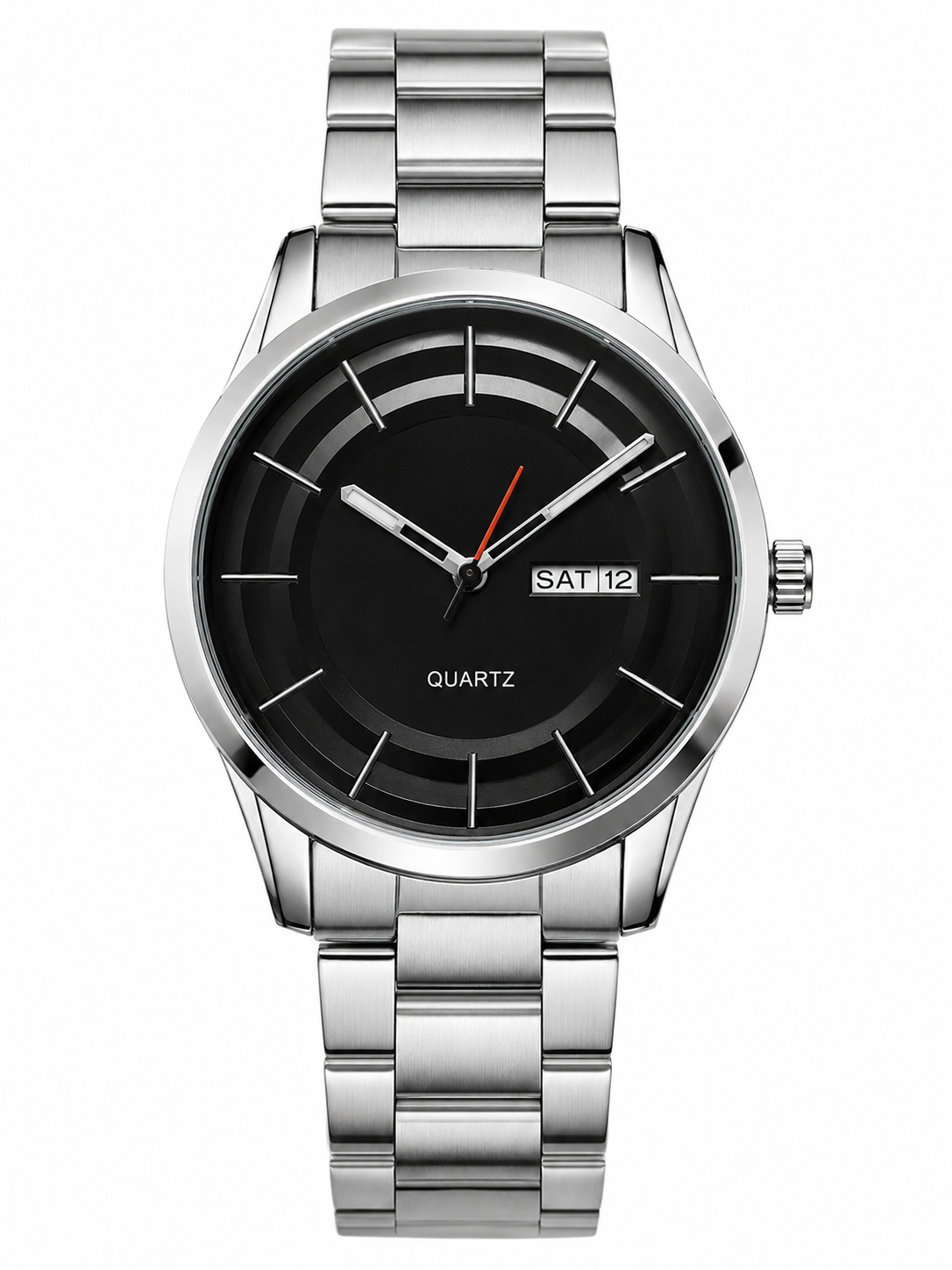 Men's Black Dial Stainless Steel Quartz Watch | Day & Date Watch