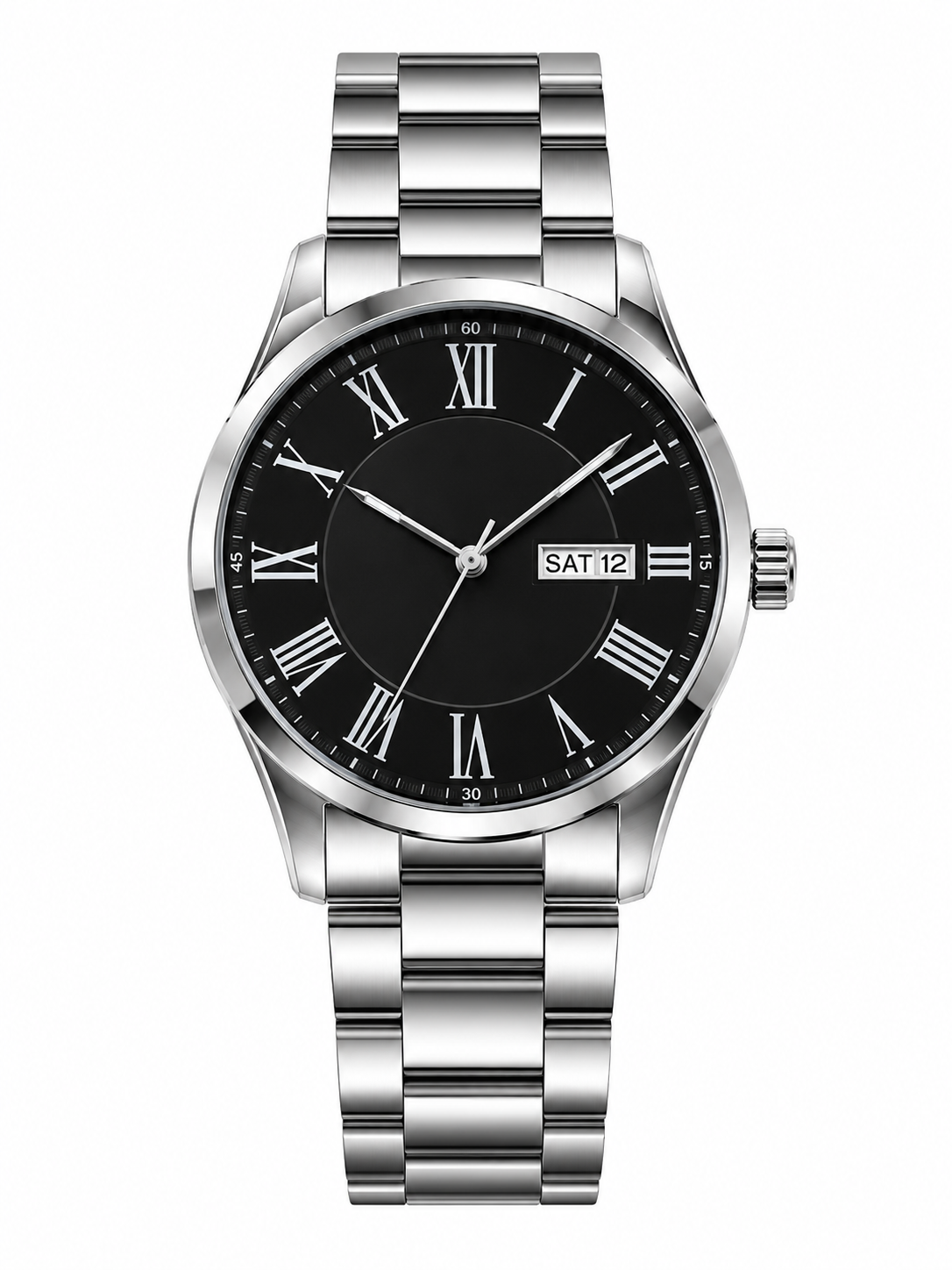 Men's Roman Black Dial Stainless Steel Quartz Watch | Day & Date