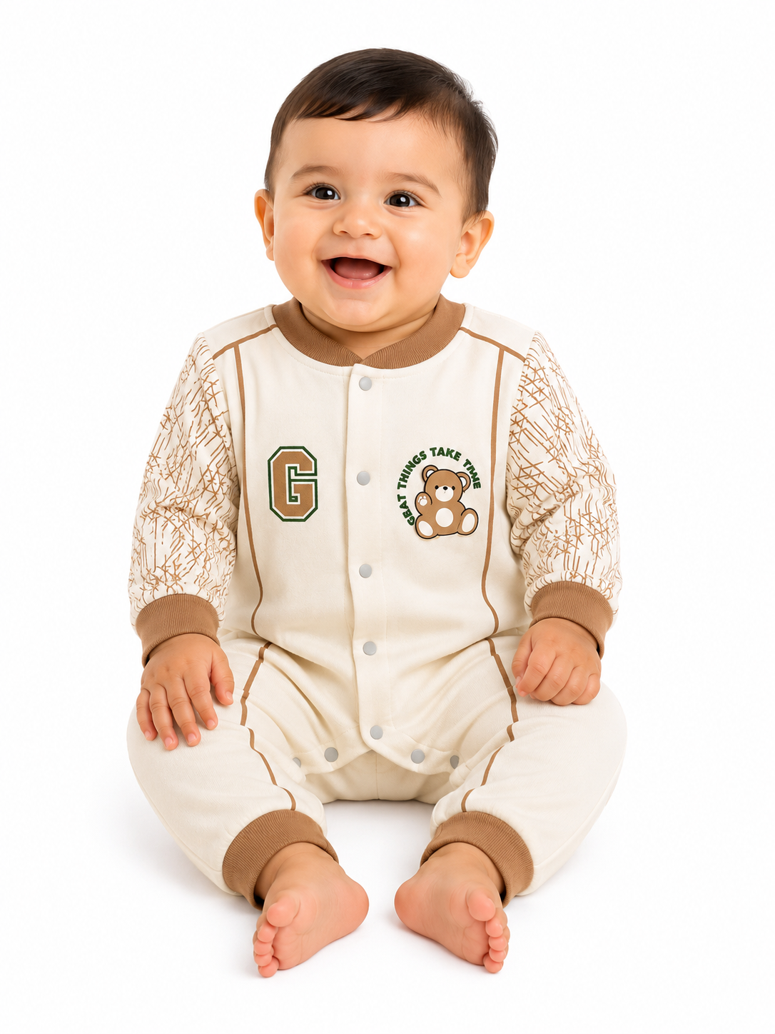 Cream Cotton Baby Romper with Teddy Bear Print | Full Sleeve Soft Baby Onesie