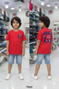 Kids Red Down Shoulder T-Shirt – “Have a Good Day” Graphic Cotton Tee for Boys