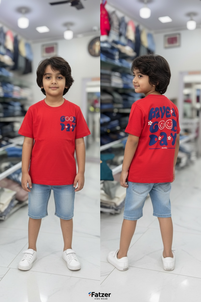 Kids Red Down Shoulder T-Shirt – “Have a Good Day” Graphic Cotton Tee for Boys