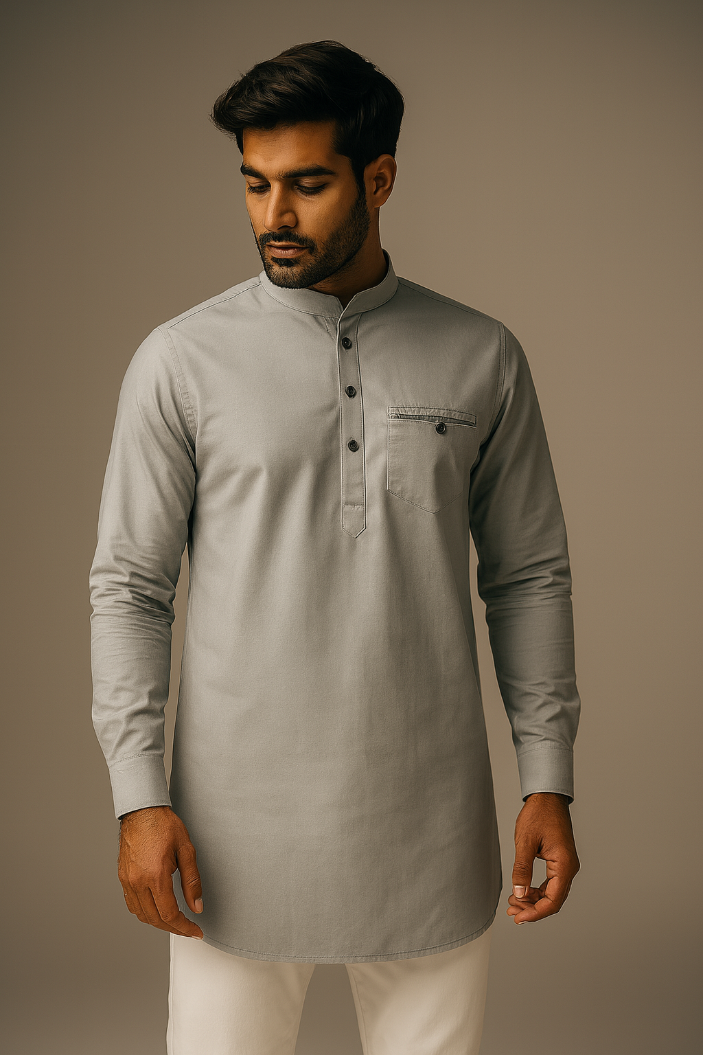 Premium Solid Color Light Grey Short Kurta