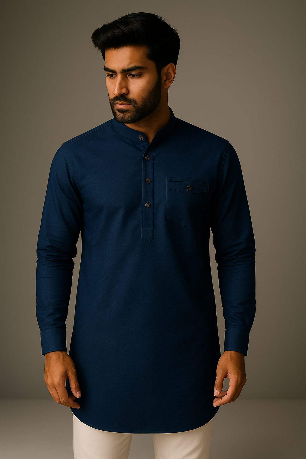 Premium Solid Color Navy Blue Short Kurta