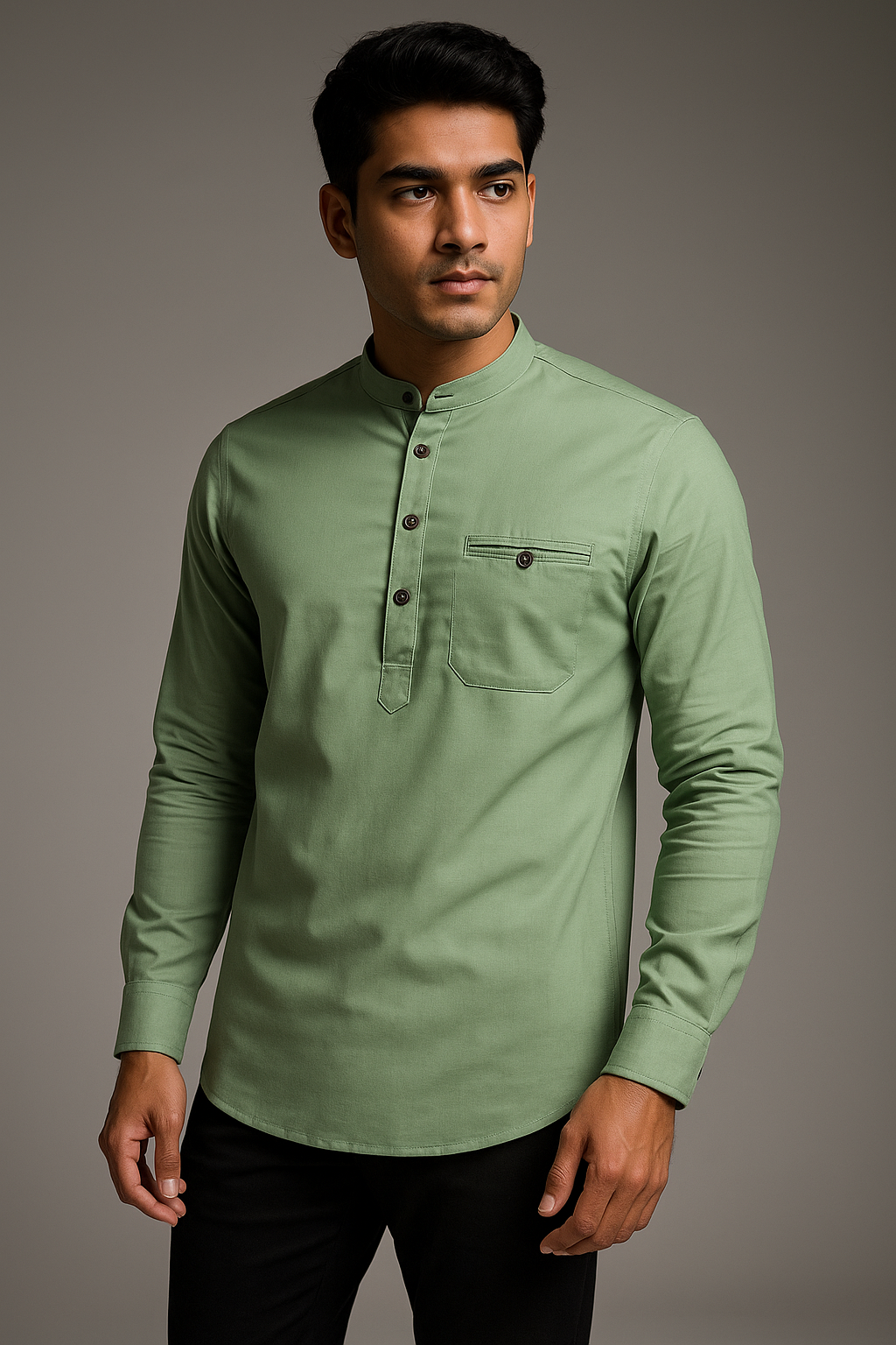 Premium Solid Color Dark Pista Green Short Kurta