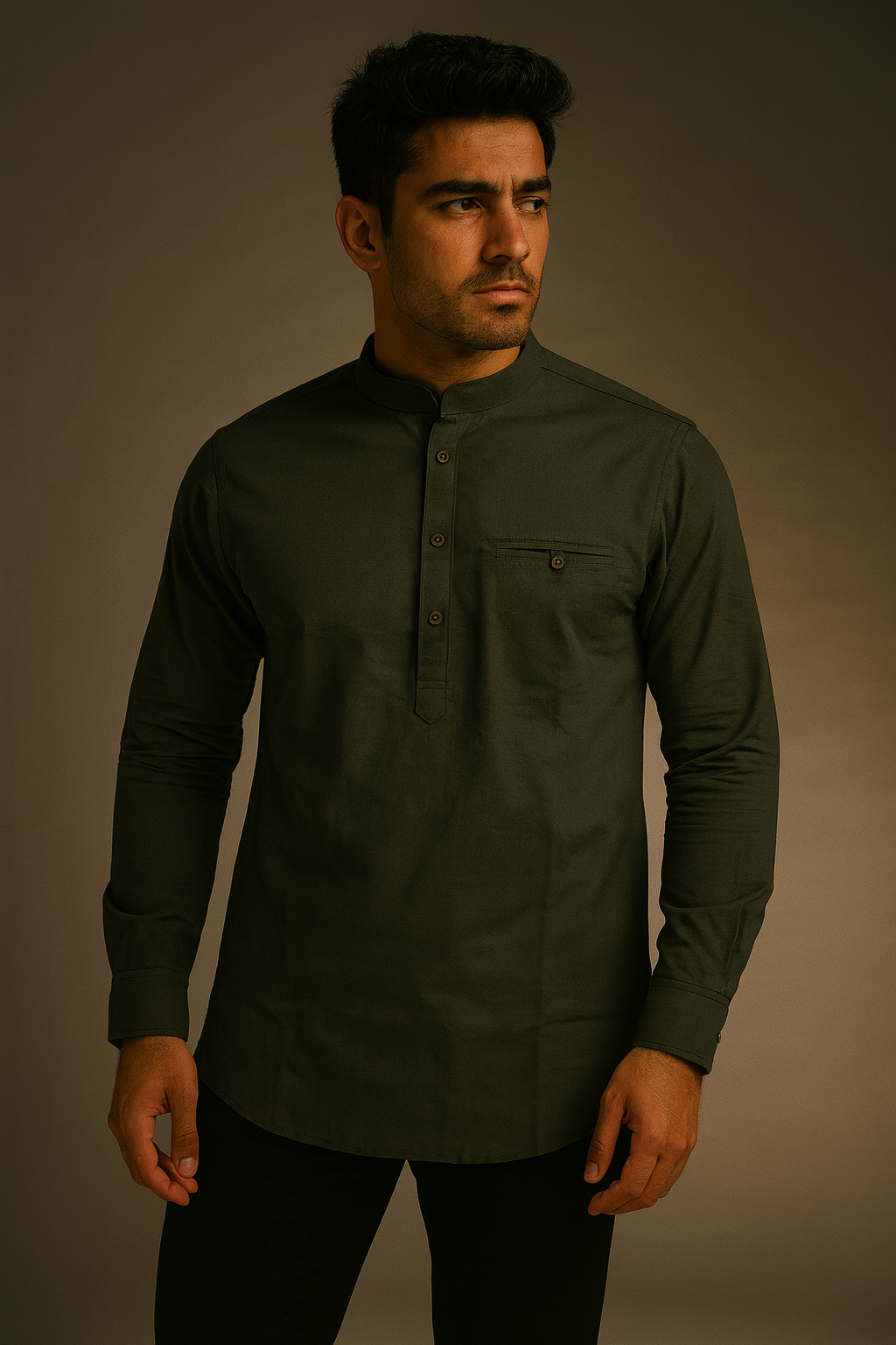 Premium Solid Color Olive Green Short Kurta