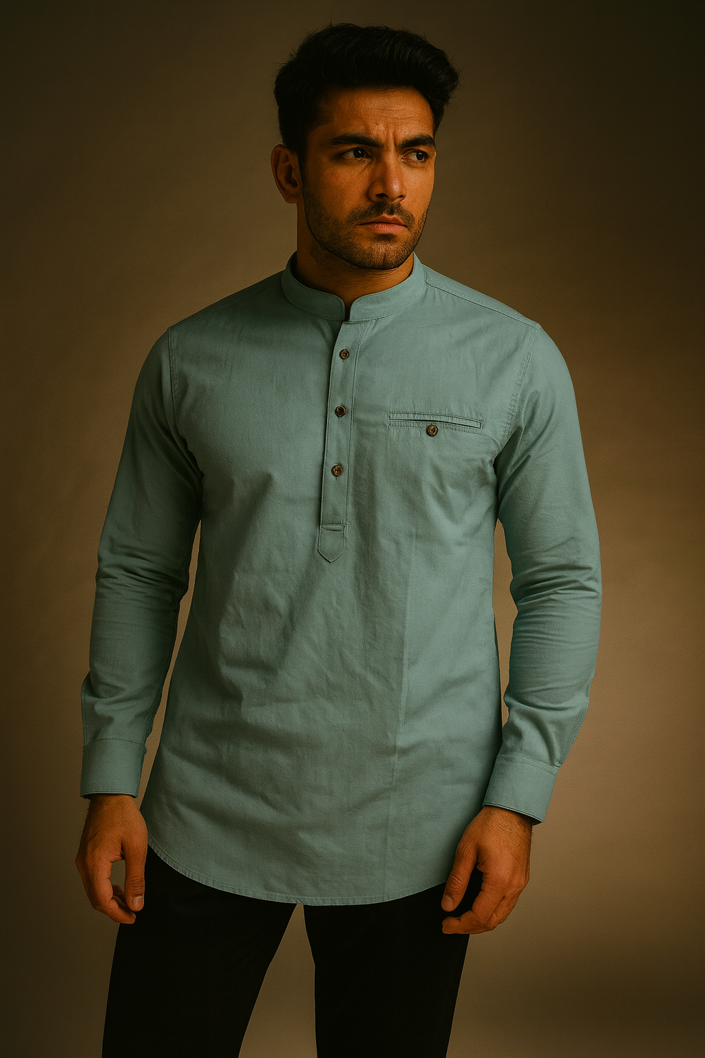 Premium Solid Color Marble Blue Short Kurta