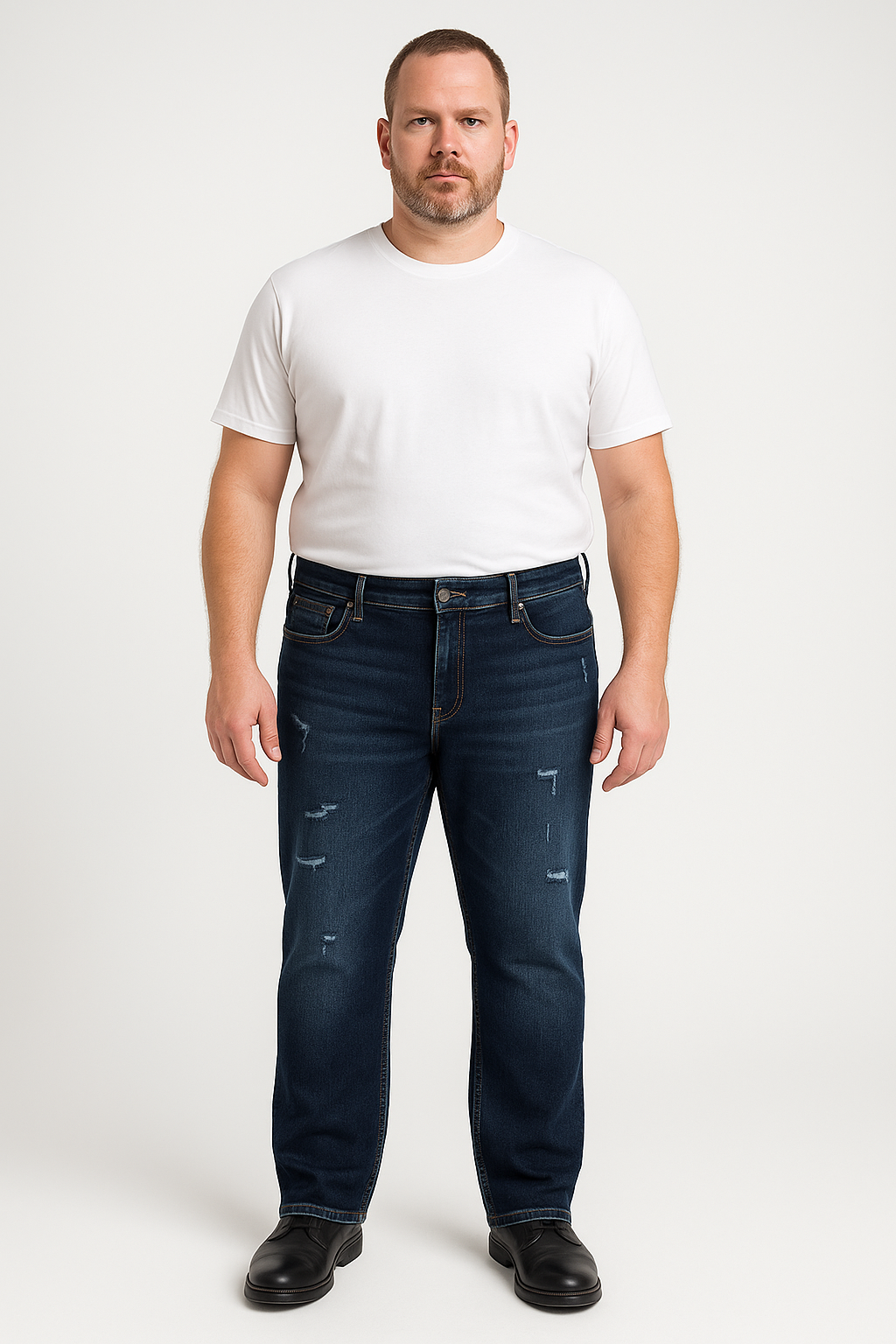 Men’s Straight Fit Big Size Jeans – Dark Blue Distressed Denim