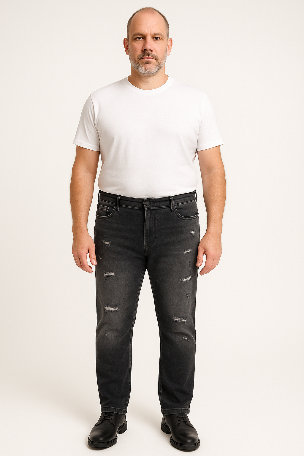 Men’s Straight Fit Big Size Jeans – Black Wash Distressed Denim