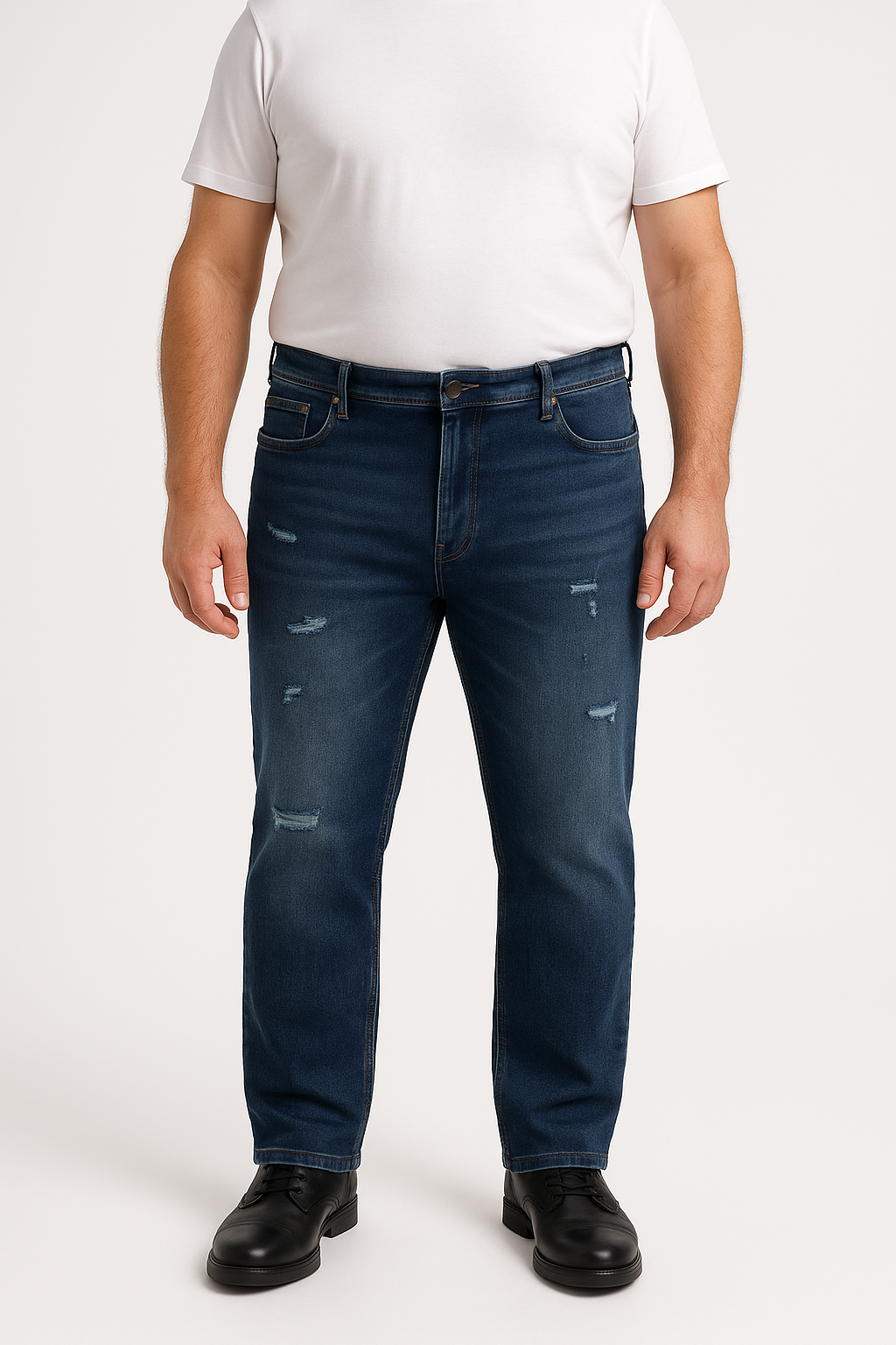 Men’s Straight Fit Big Size Jeans – Dark Blue Wash Distressed Denim