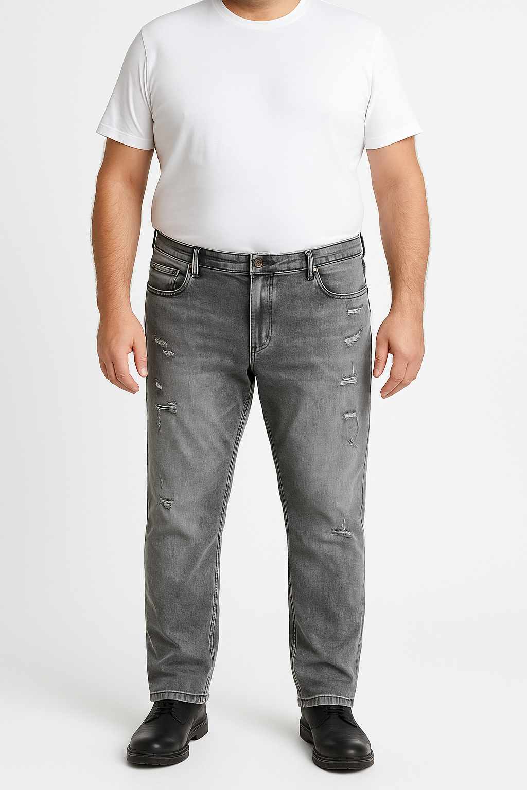 Men’s Straight Fit Big Size Jeans – Grey Wash Distressed Denim