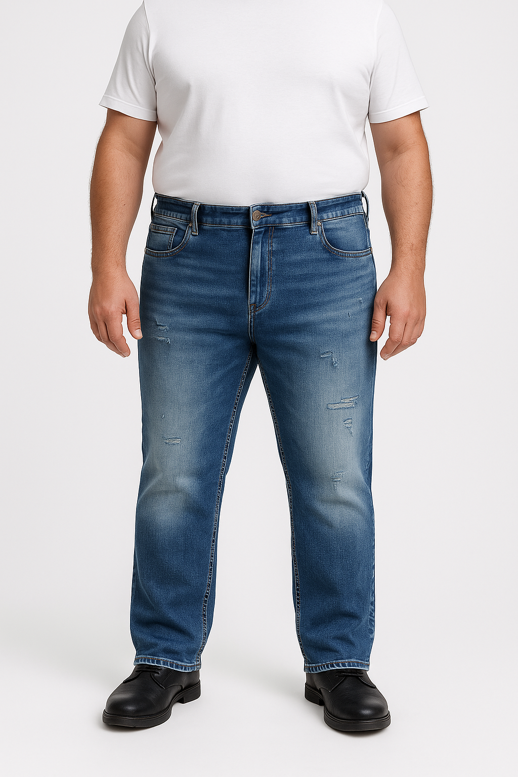 Men’s Straight Fit Big Size Jeans – Medium Blue Wash Distressed Denim