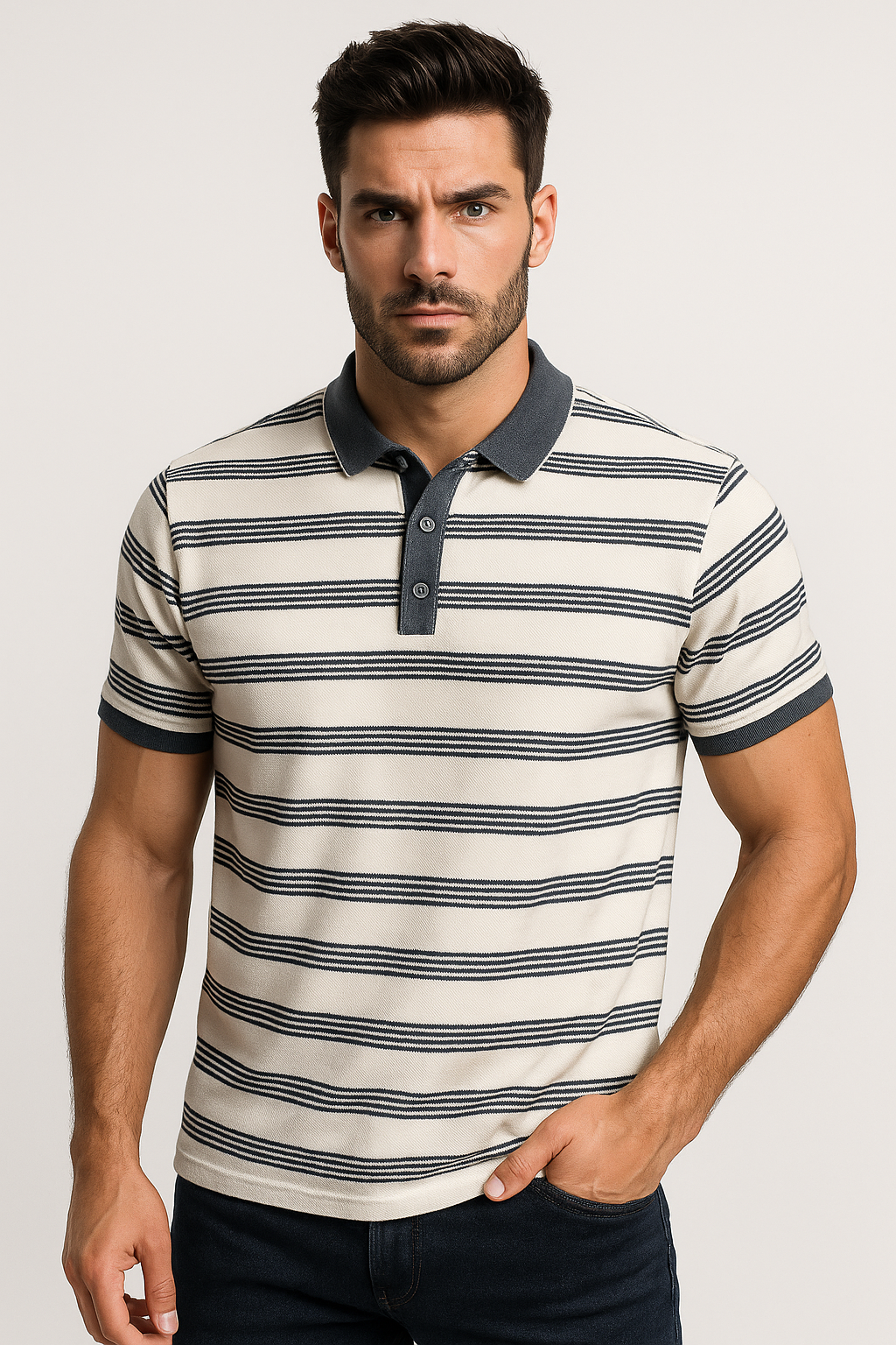 "Men’s Striped Matty Cotton Polo T-Shirt – Slim Fit, Stylish & Breathable"