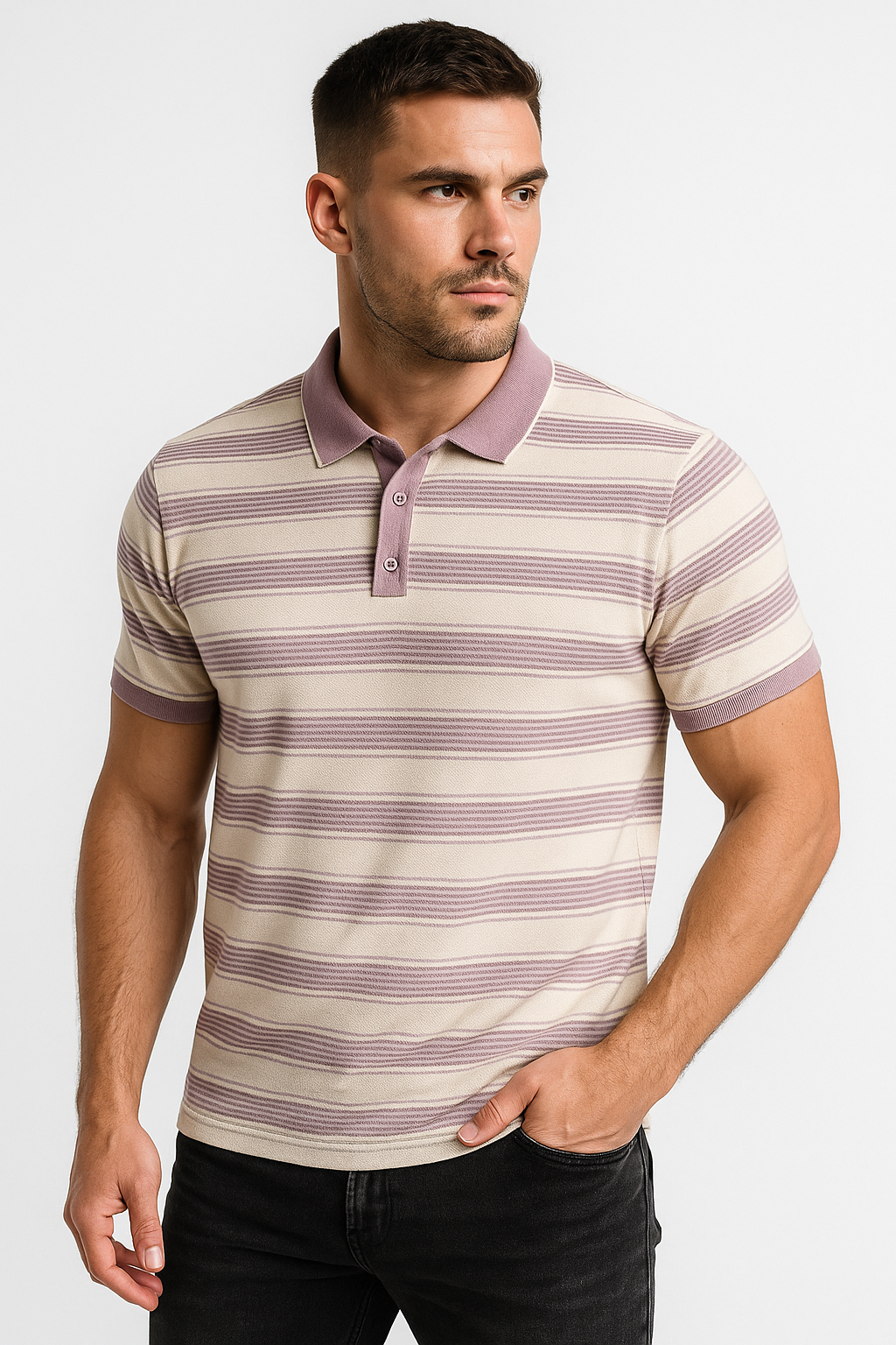 "Men’s Mauve Striped Matty Cotton Polo T-Shirt – Slim Fit, Stylish & Breathable"
