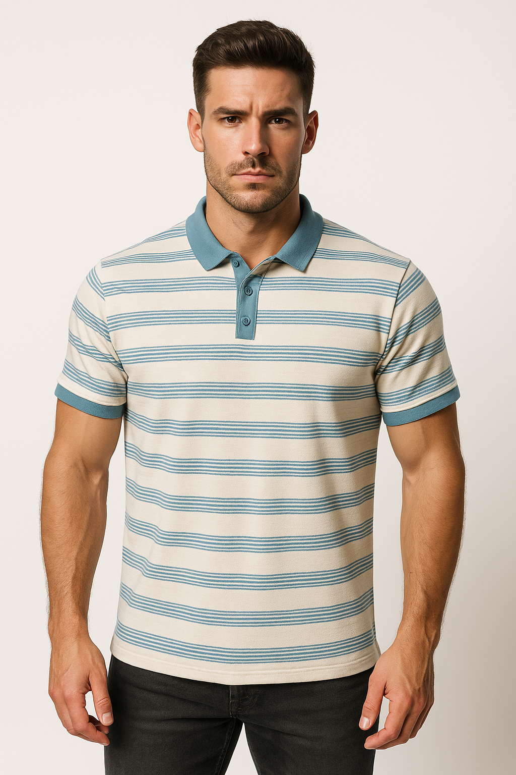 "Men’s Blue Striped Matty Cotton Polo T-Shirt – Slim Fit, Stylish & Breathable"
