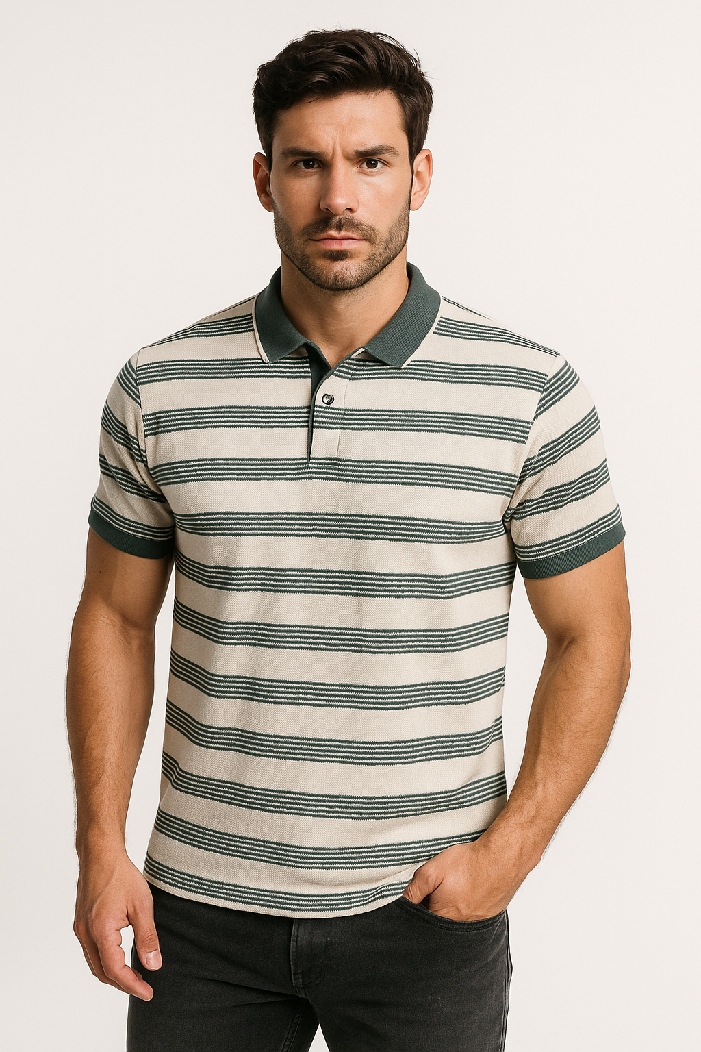 "Men’s Green Striped Matty Cotton Polo T-Shirt – Slim Fit, Stylish & Breathable"