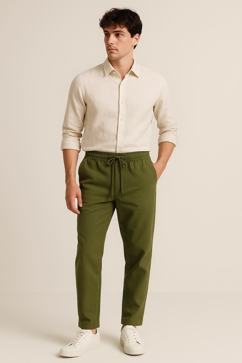 Men's Relaxed Fit Linen Pants - Olive Green