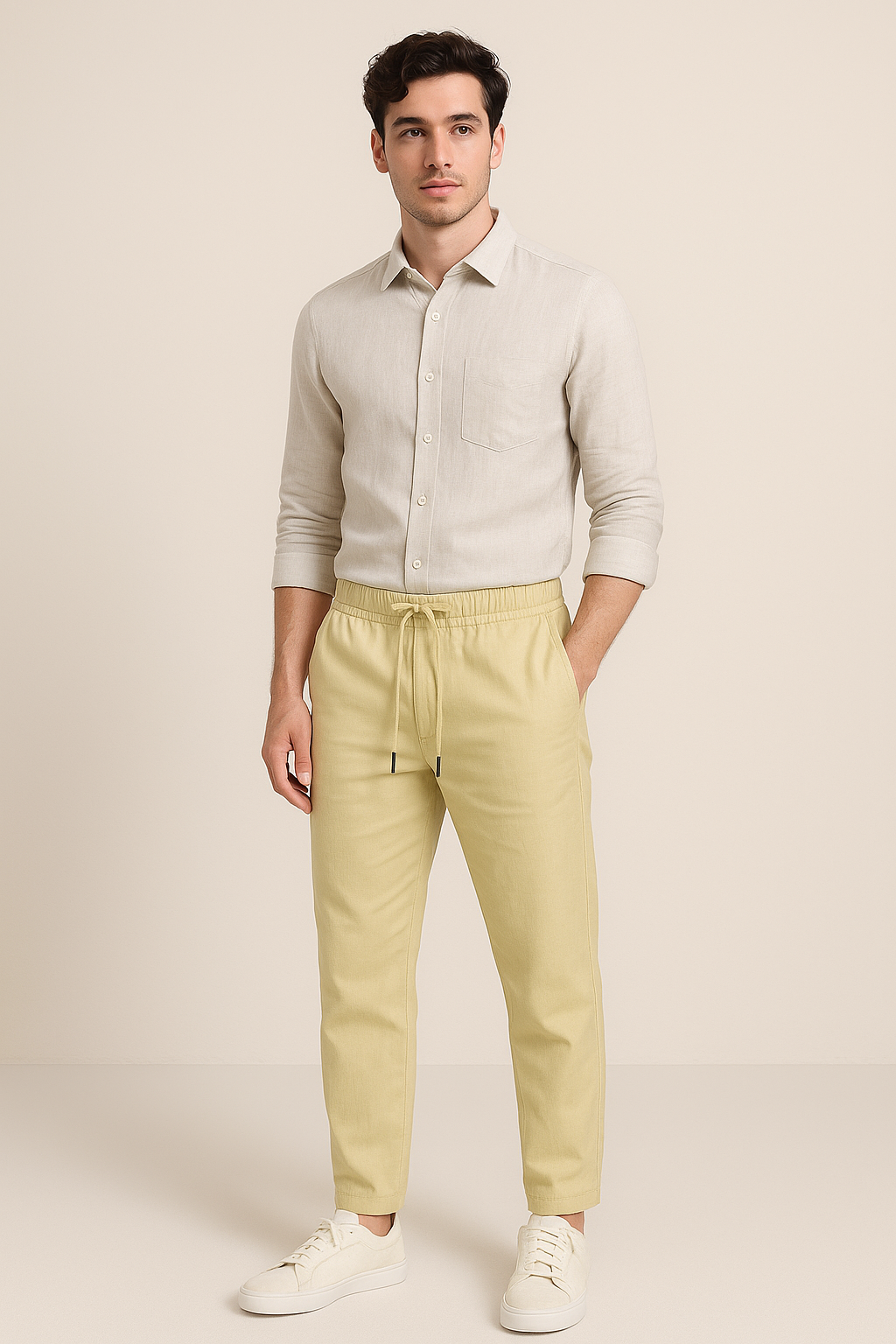 Men's Relaxed Fit Linen Pants - Light Beige