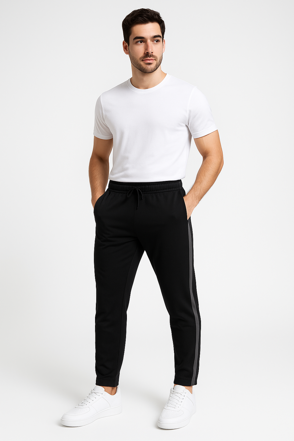 Men's NS Lycra Track Pants – Slim Fit Black with Grey Side Stripes