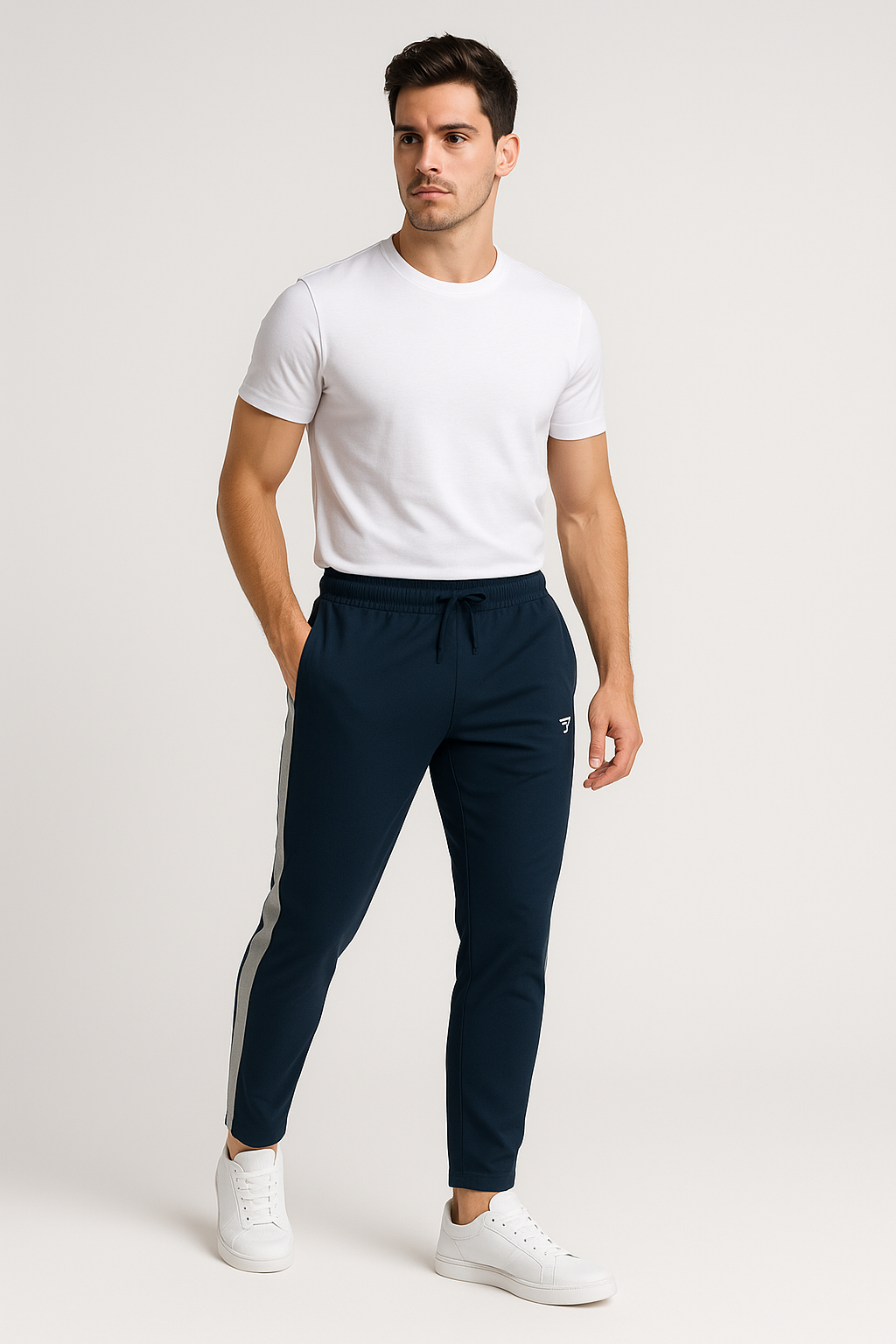 Men's NS Lycra Track Pants – Slim Fit Navy Blue with White Side Stripes