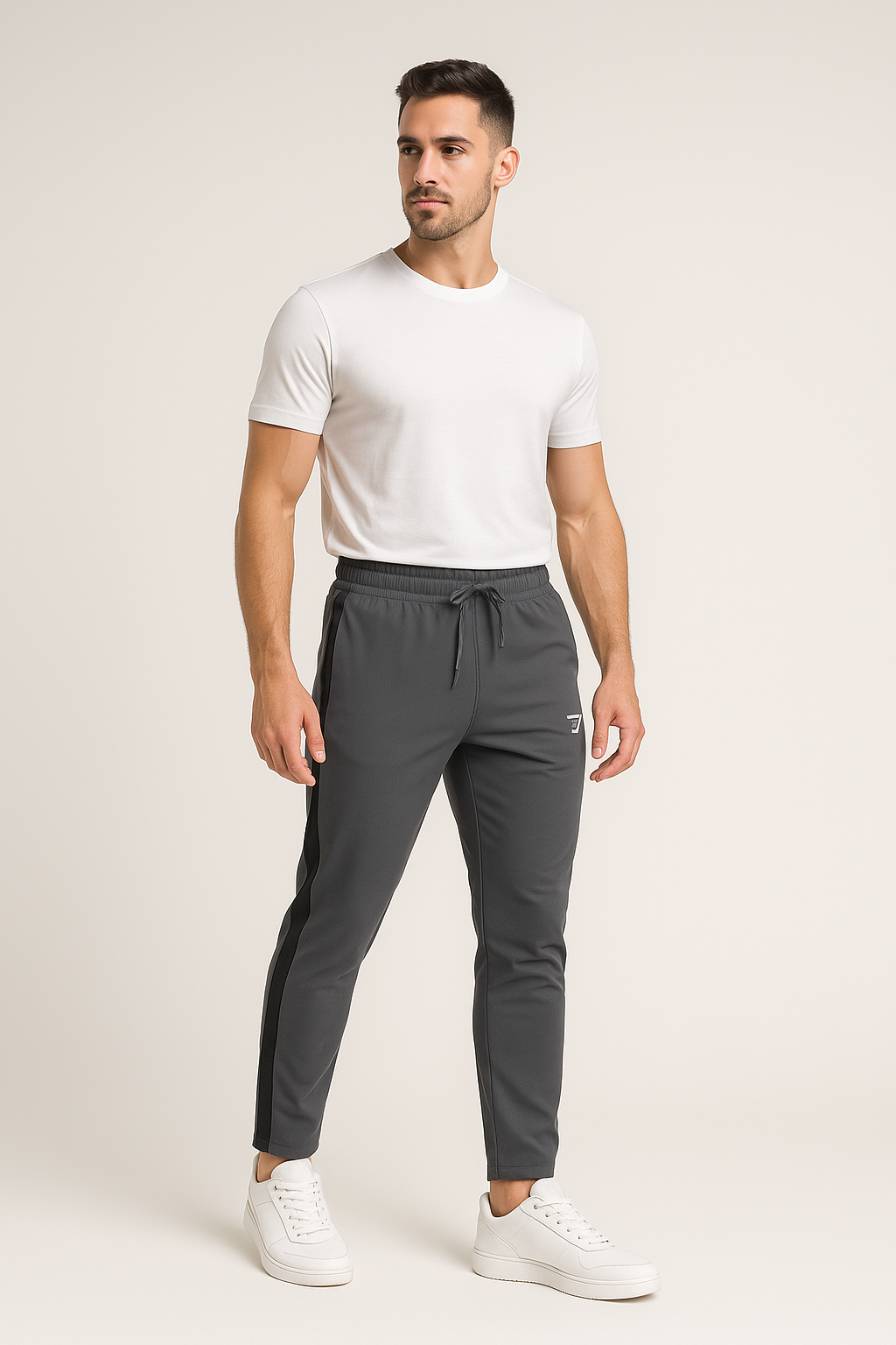 Men's NS Lycra Track Pants – Slim Fit Dark Grey with Black Side Stripes
