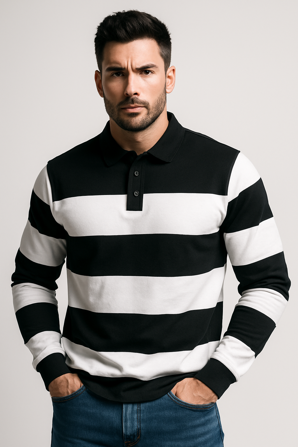 "Men’s Striped Polo T-Shirt – Black & White, Long Sleeve Casual Wear"