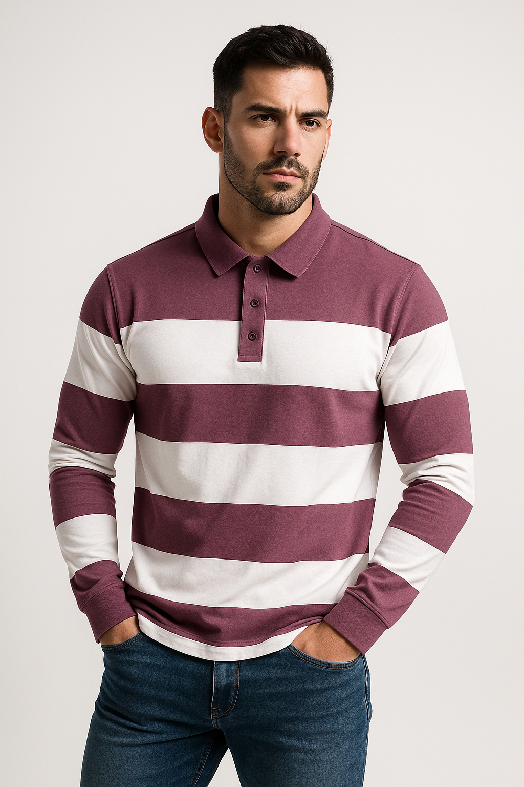 "Men’s Striped Polo T-Shirt – Dark Pink & White, Long Sleeve Casual Wear"