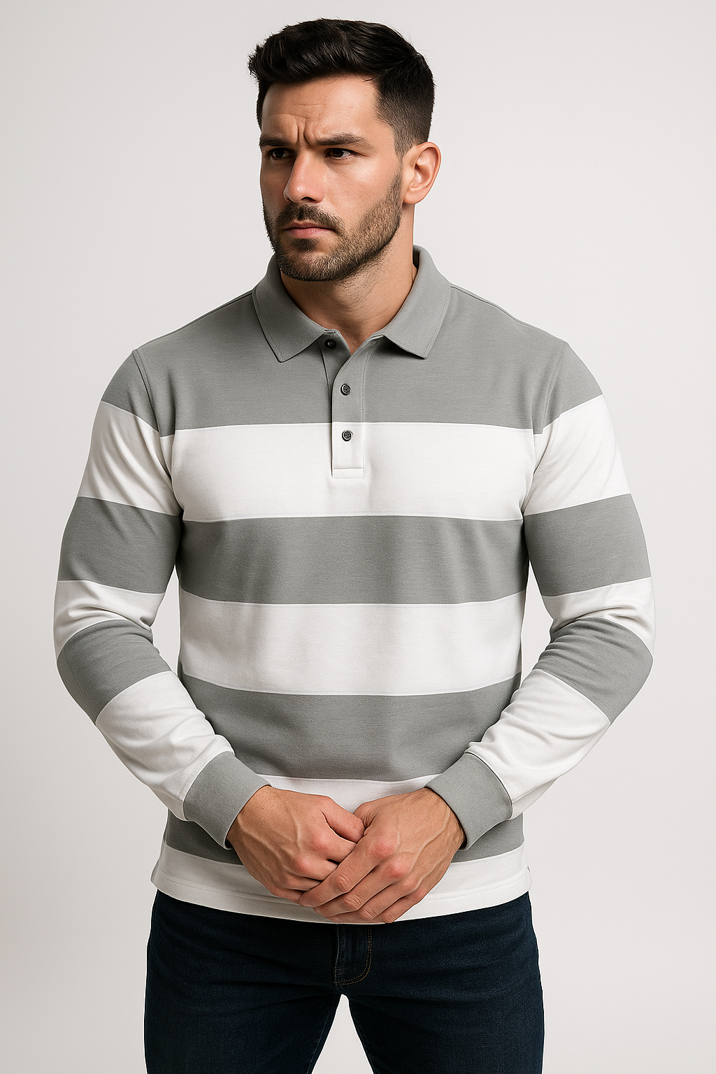 "Men’s Striped Polo T-Shirt – Grey & White, Long Sleeve Casual Wear"