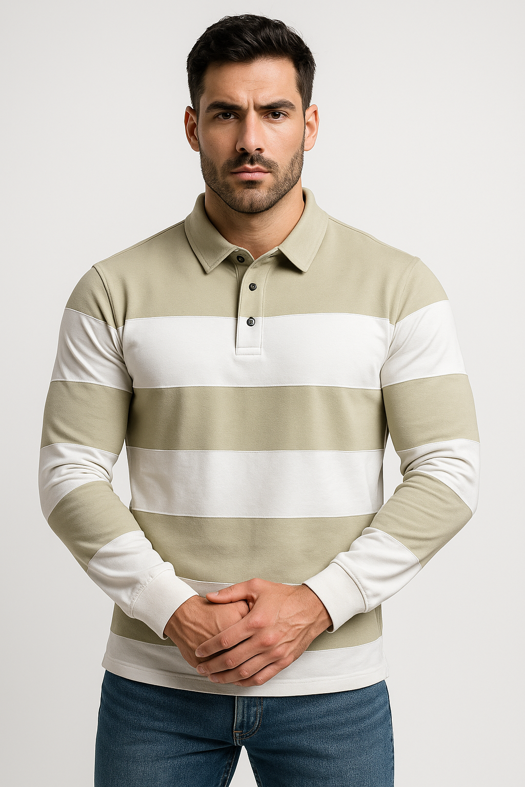 "Men’s Striped Polo T-Shirt – Light Olive & White, Long Sleeve Casual Wear"