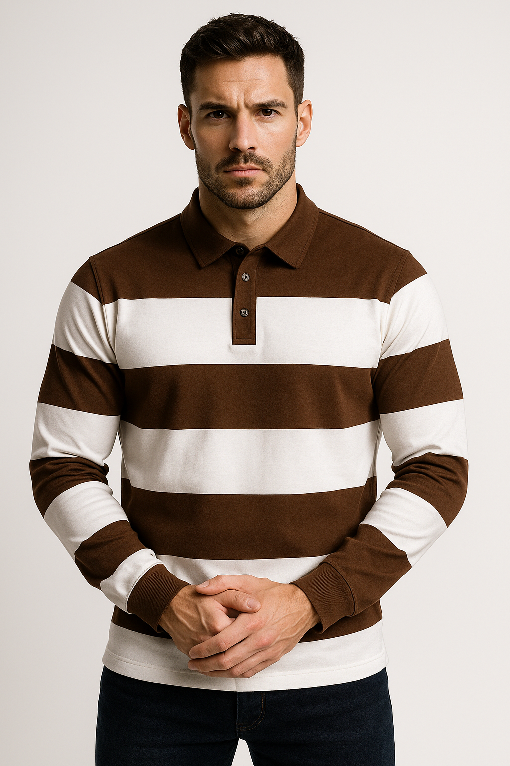 "Men’s Striped Polo T-Shirt – Brown & White, Long Sleeve Casual Wear"