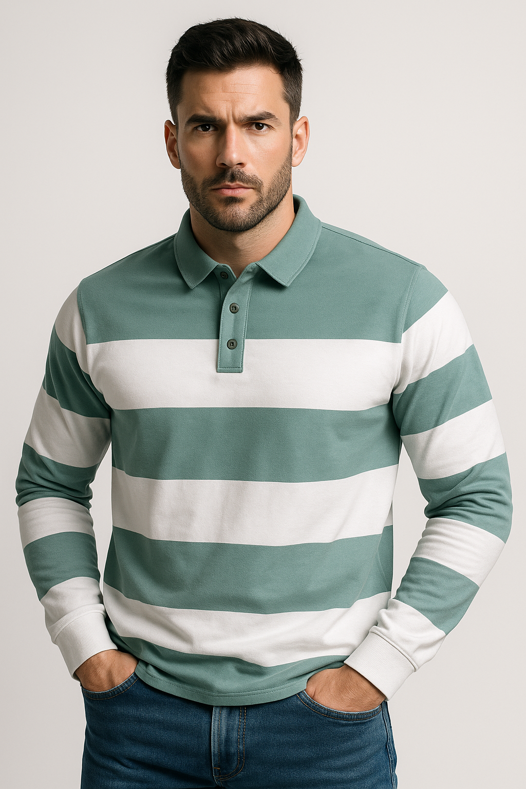 "Men’s Striped Polo T-Shirt – Green & White, Long Sleeve Casual Wear"