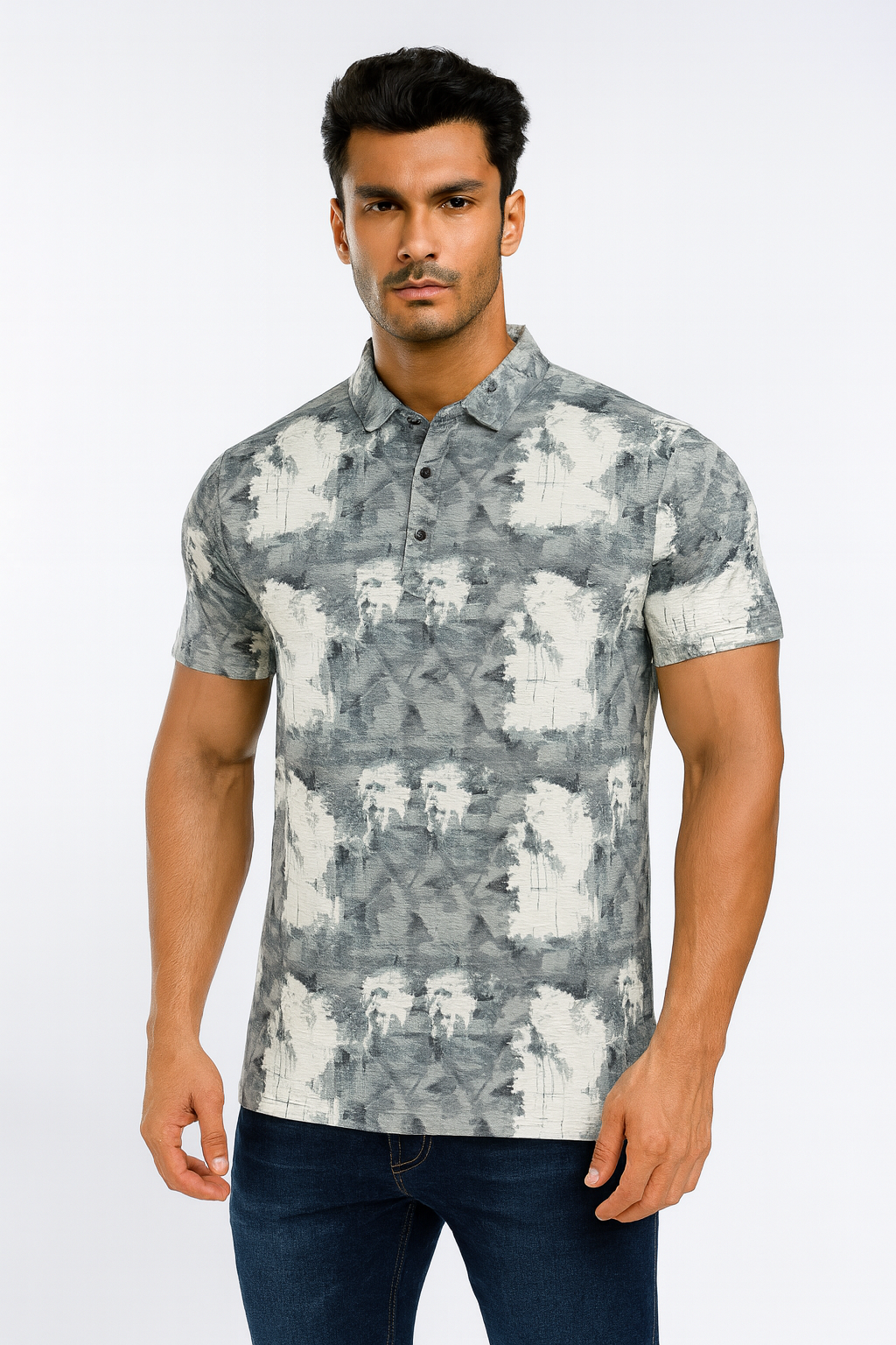 Men’s Printed Light Grey Polo Collar T-Shirt