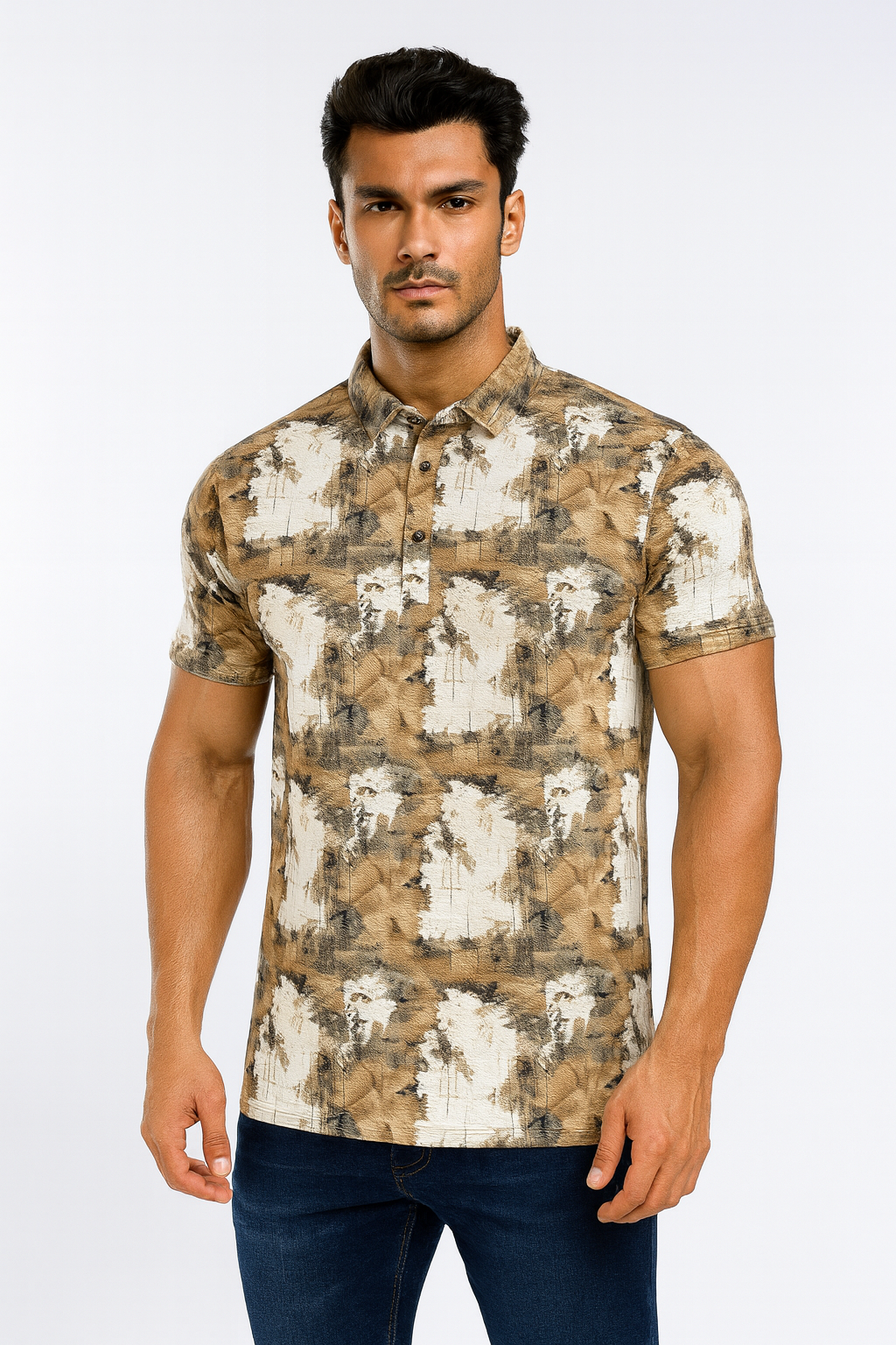 Men’s Printed Light Beige Polo Collar T-Shirt