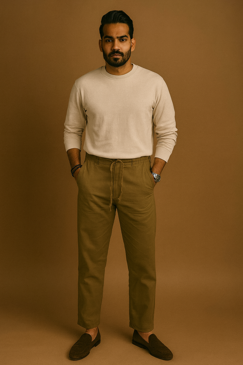 Men’s Classic Linen Regular Fit Pants - Mehendi Green